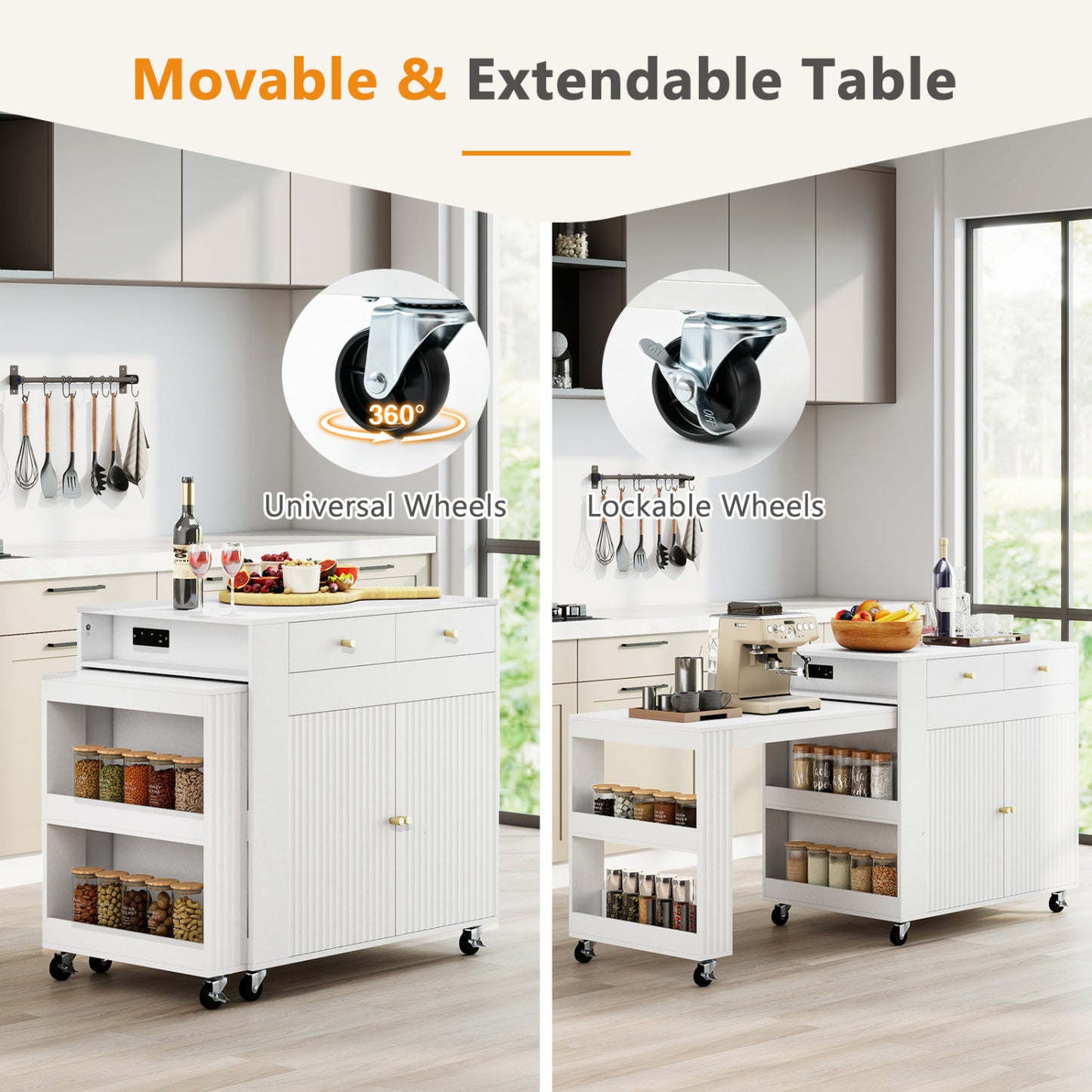 72" Kitchen Island with Extendable Dining Table & Power Outlet