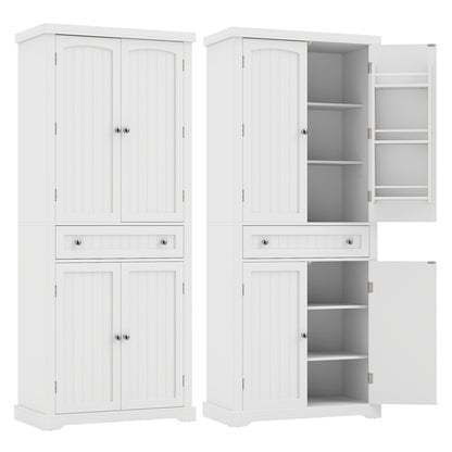 72" Tall Kitchen Pantry Cabinet with 4 Fluted Doors - White