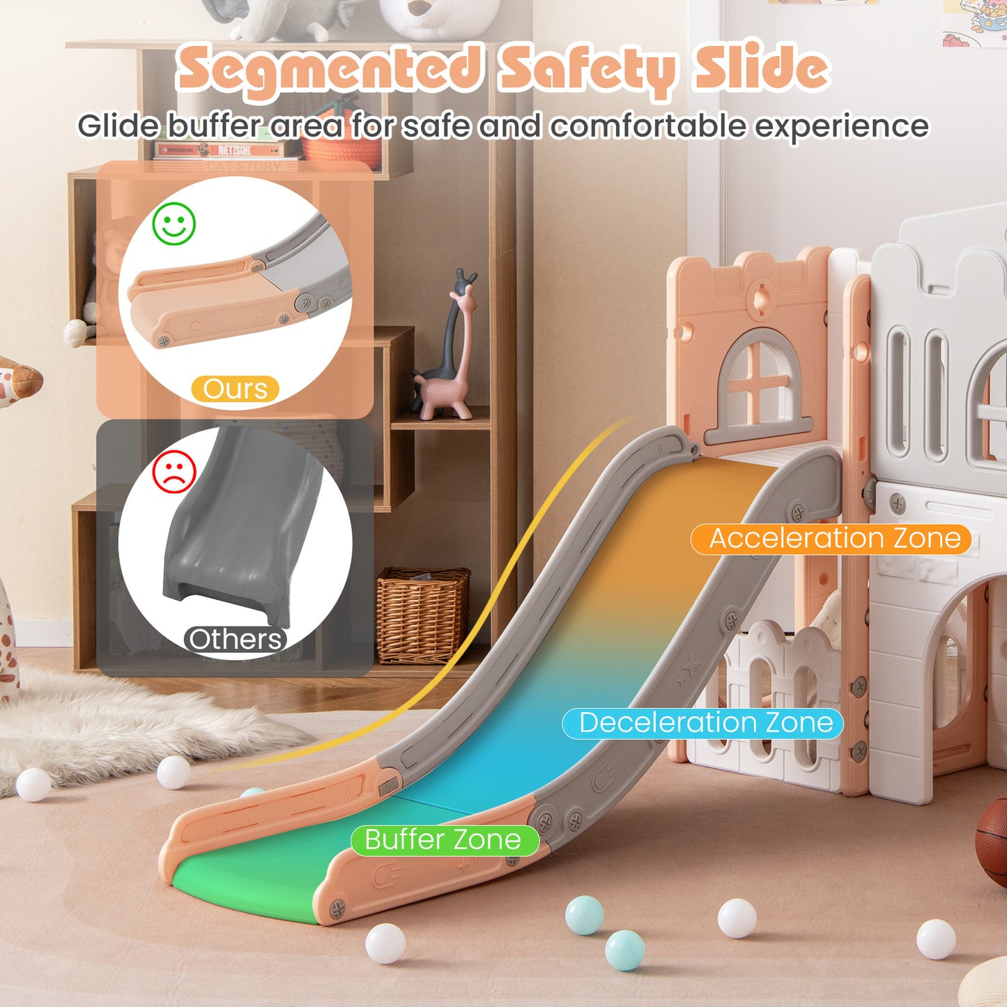 All-in-1 Toddler Slide Playset Playground with Tunnel and Ladder and Basketball-Pink