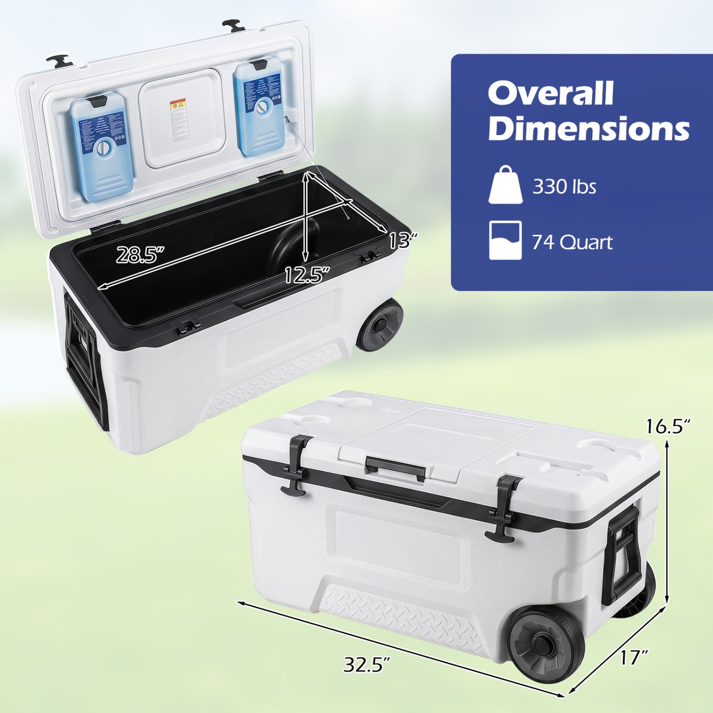 74 Quart Rolling Cooler with Wheels and Fish Ruler