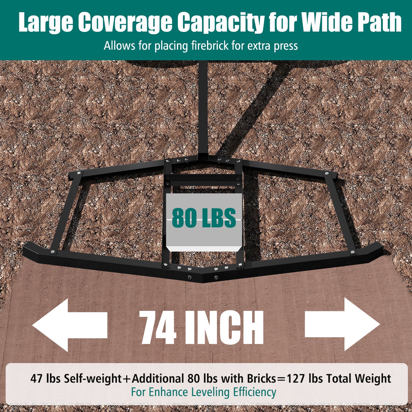 74 inch Wide Driveway Drag Tow Behind Landscape Leveling Rake with Reinforced Bars-Black