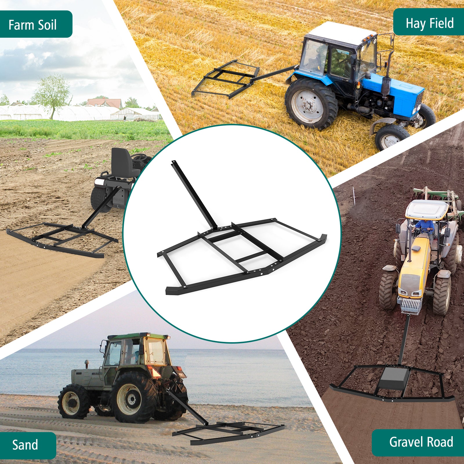 74 inch Wide Driveway Drag Tow Behind Landscape Leveling Rake with Reinforced Bars-Black