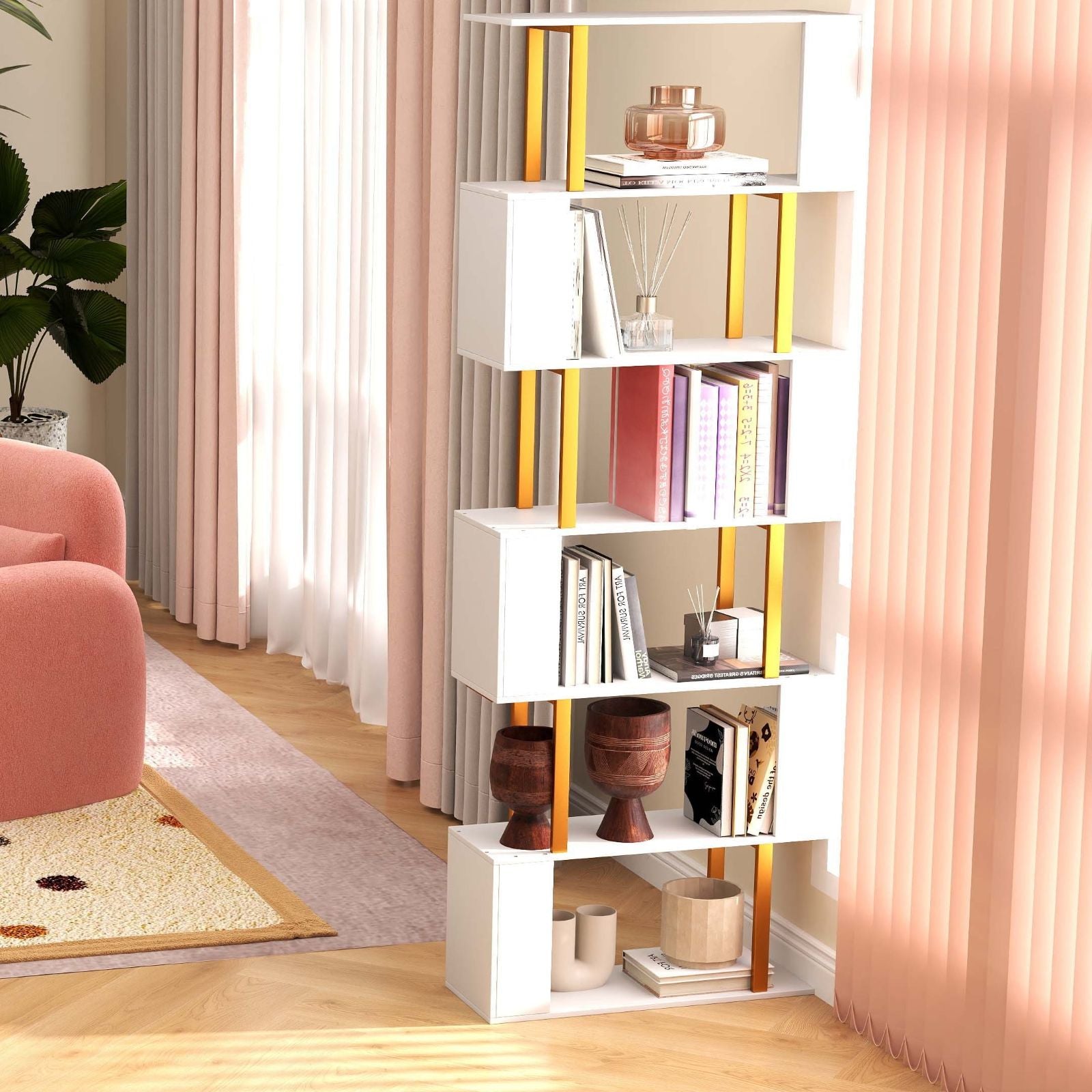 Modern Living Room Furniture Set (Bookcase + Coffee Table + End Table + Accent Chair)