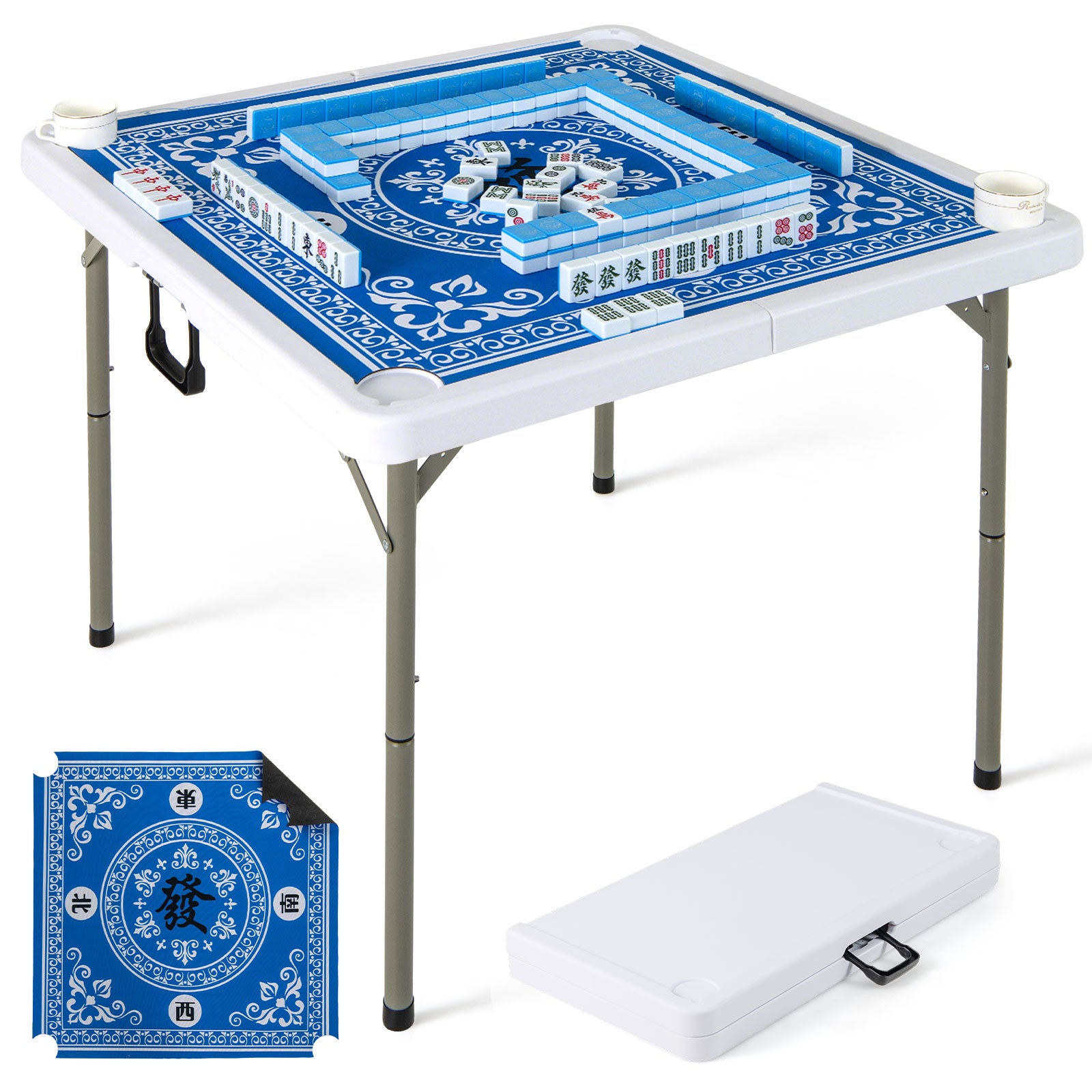 35 Inch 4 Player Game Card Folding Mahjong Table with Cup Holders-Green - Light Blue