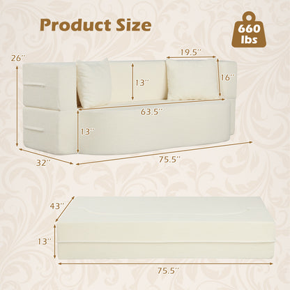 75.5 inch Folding Sofa Bed 2-in-1 Convertible Teddy Fleece Floor Loveseat with 2 Comfortable Pillows