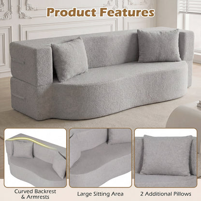 75.5 inch Folding Sofa Bed 2-in-1 Convertible Teddy Fleece Floor Loveseat with 2 Comfortable Pillows