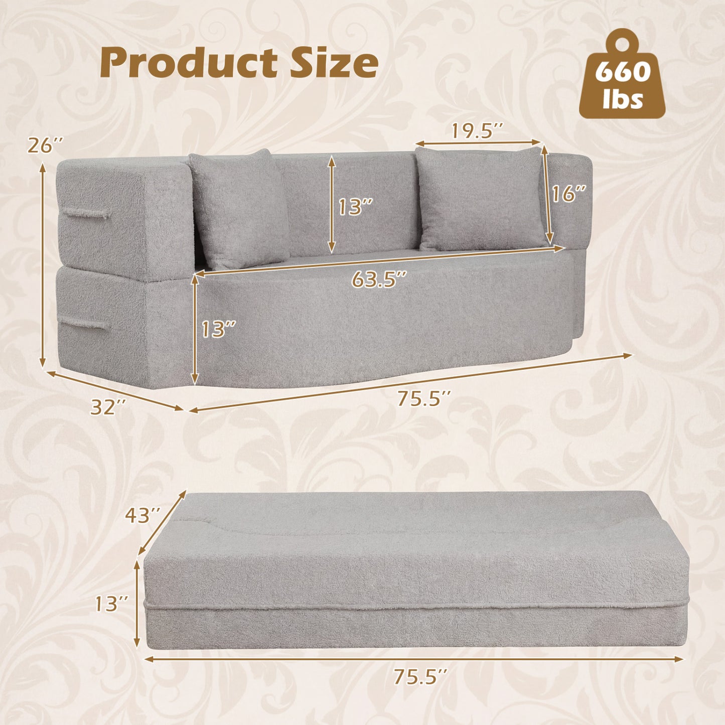 75.5 inch Folding Sofa Bed 2-in-1 Convertible Teddy Fleece Floor Loveseat with 2 Comfortable Pillows