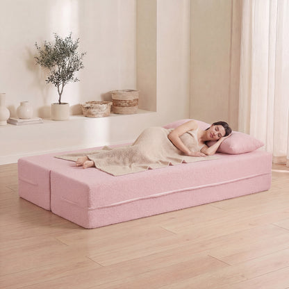 75.5 inch Folding Sofa Bed 2-in-1 Convertible Teddy Fleece Floor Loveseat with 2 Comfortable Pillows