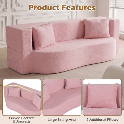 75.5 inch Folding Sofa Bed 2-in-1 Convertible Teddy Fleece Floor Loveseat with 2 Comfortable Pillows