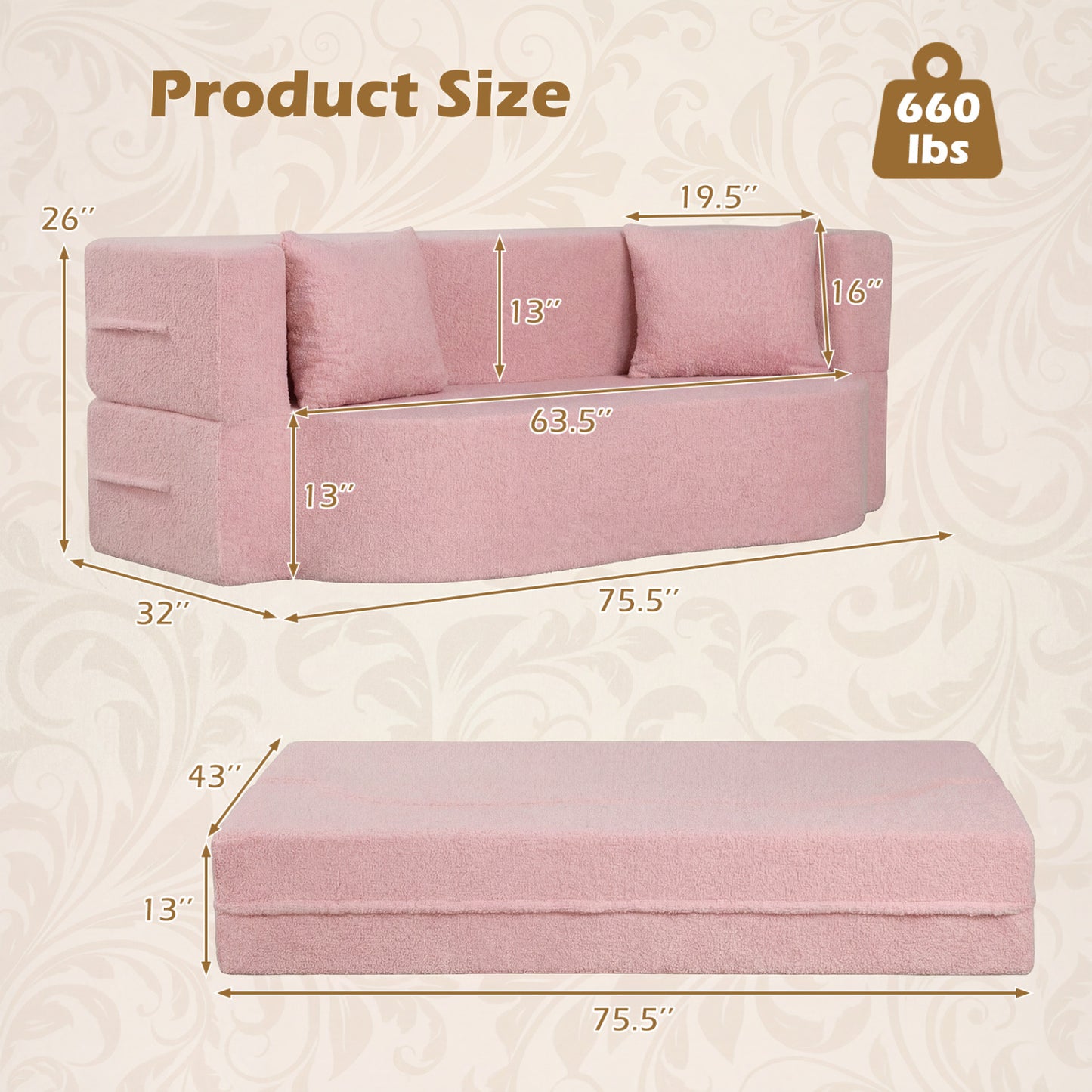 75.5 inch Folding Sofa Bed 2-in-1 Convertible Teddy Fleece Floor Loveseat with 2 Comfortable Pillows
