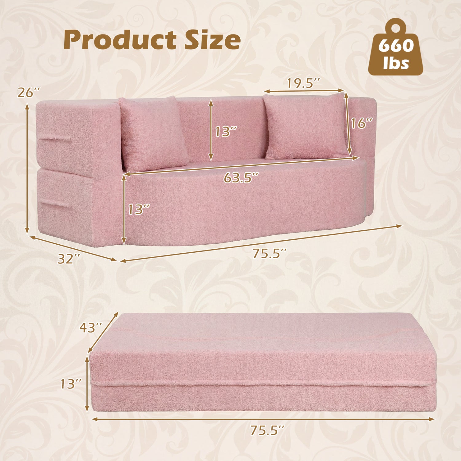 75.5 inch Folding Sofa Bed 2-in-1 Convertible Teddy Fleece Floor Loveseat with 2 Comfortable Pillows