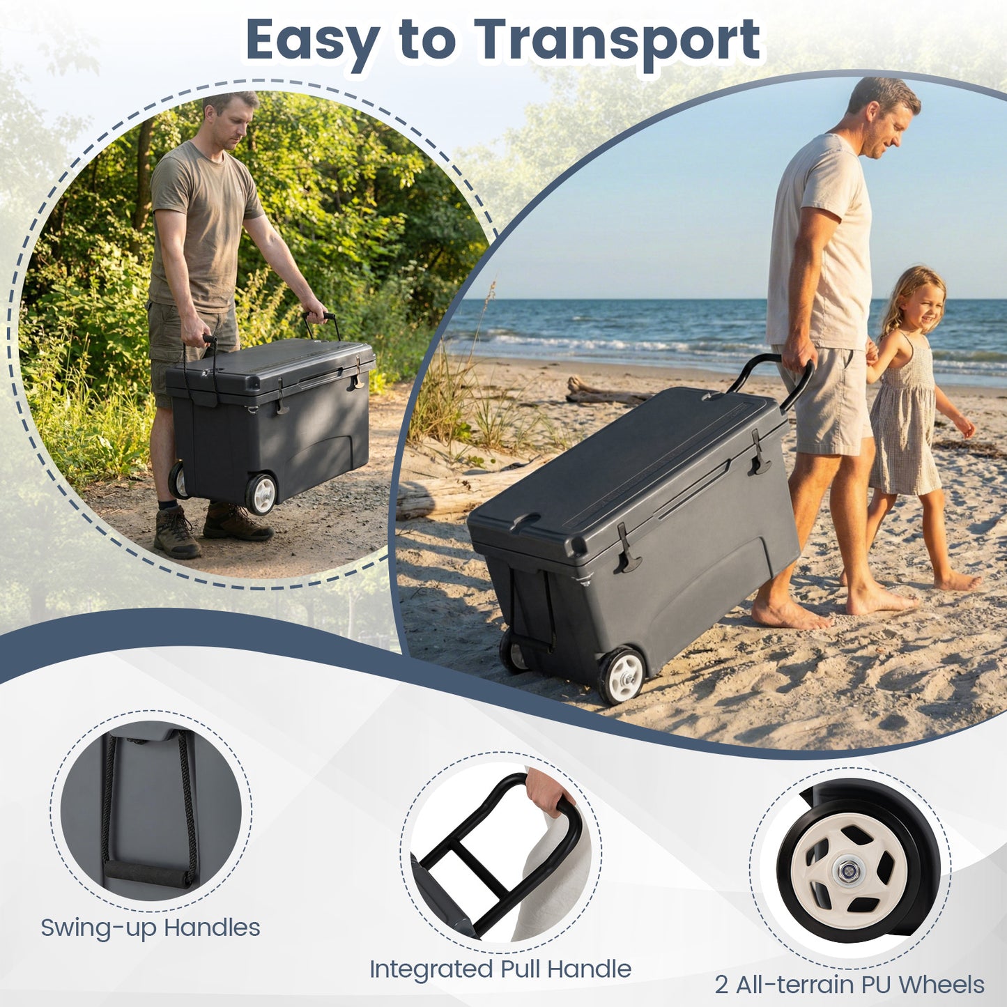 75 Quart Portable Hard Cooler with 6-Day Ice Retention and Wheels-Gray