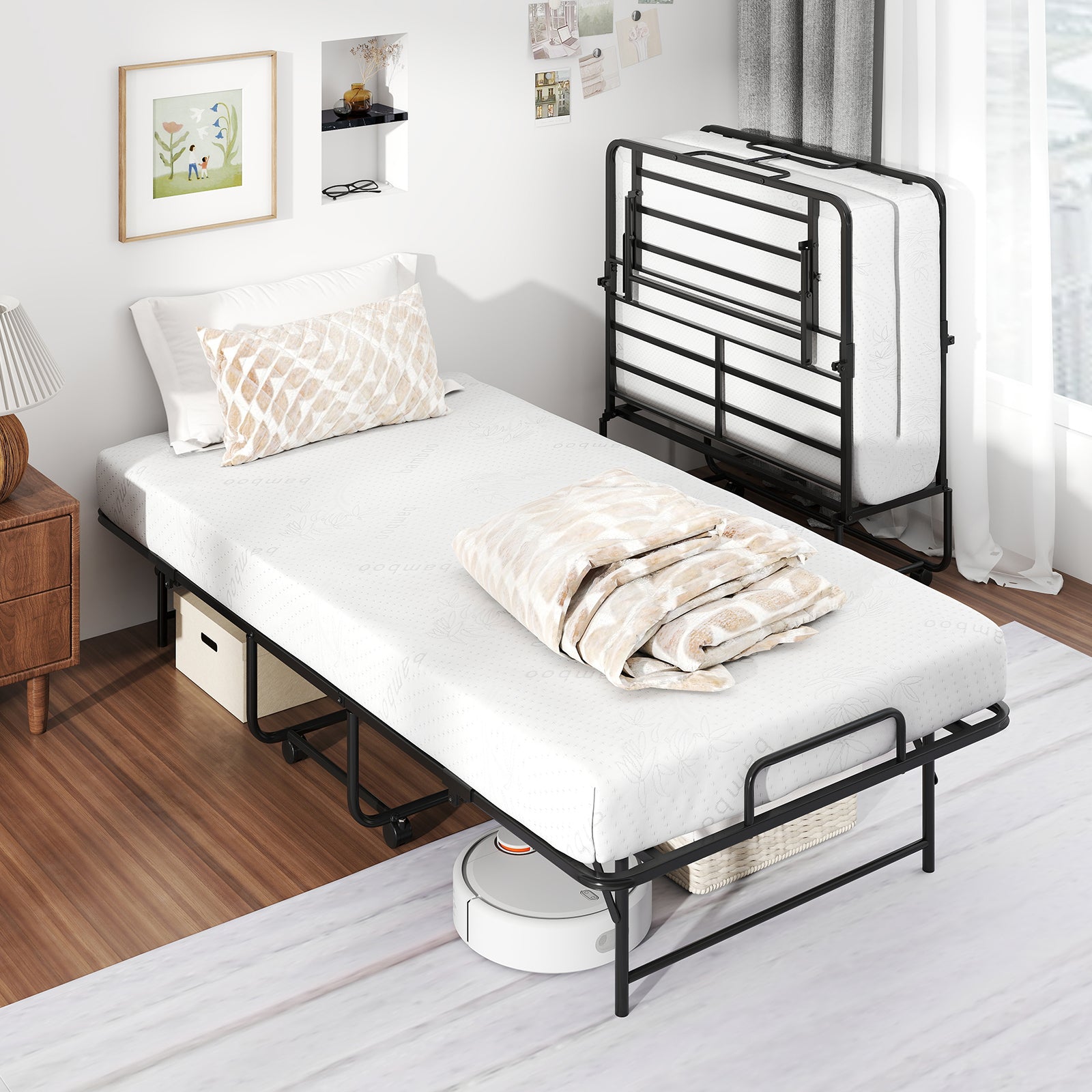 75 x 38 Inch Folding Bed with Mattress Twin Size Rolling Guest Bed