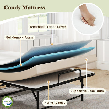 75 x 38 Inch Folding Bed with Mattress Twin Size Rolling Guest Bed