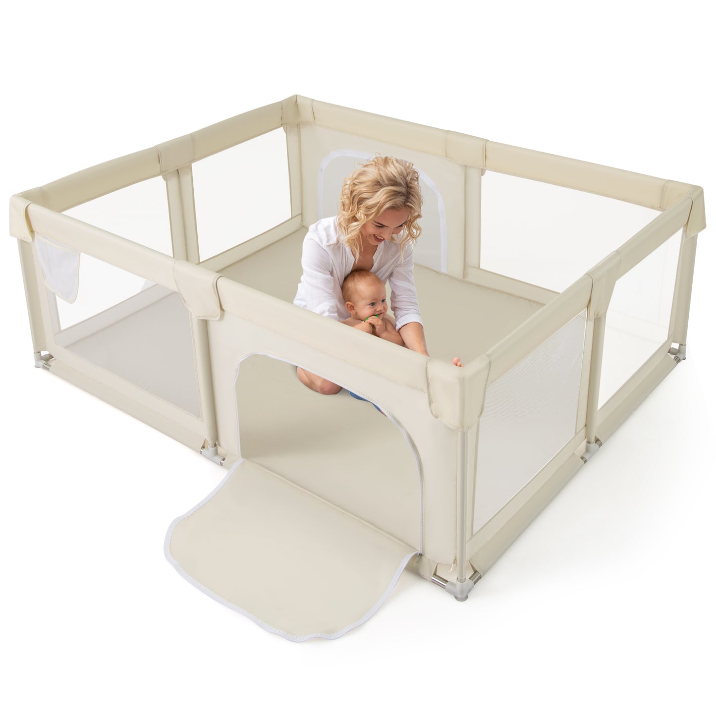75 x 59 Inch Large Baby Playpen with Breathable Mesh and Zipper Doors-Beige