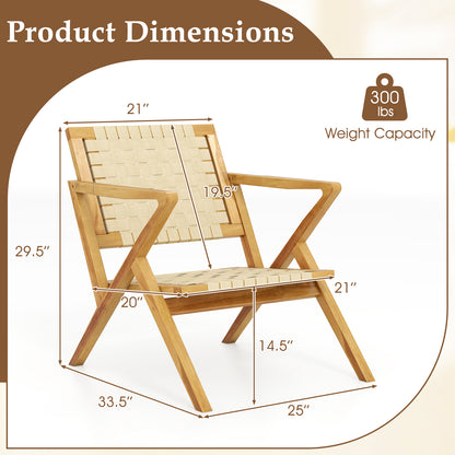 Outdoor and Indoor Teak Wood Patio Chair wuth Webbing Seat and Backrest-Natural