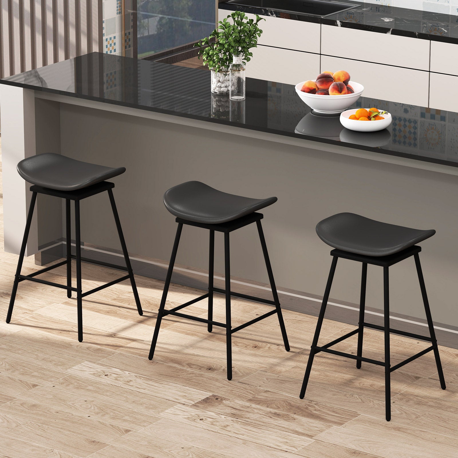 Set of 2 Swivel Barstools Faux Leather Upholstered Backless with Footrest-Black