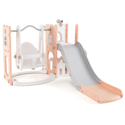 7-in-1 Toddler Swing and Slide Set L-shaped with Ladder and Basketball Hoop-Pink