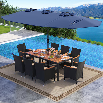 10 Piece Outdoor Dining Set with 15 Feet Double-Sided Twin Umbrella-Navy