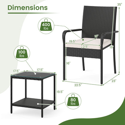 3 Piece Patio Furniture Set with Seat Cushions and Tempered Glass -White