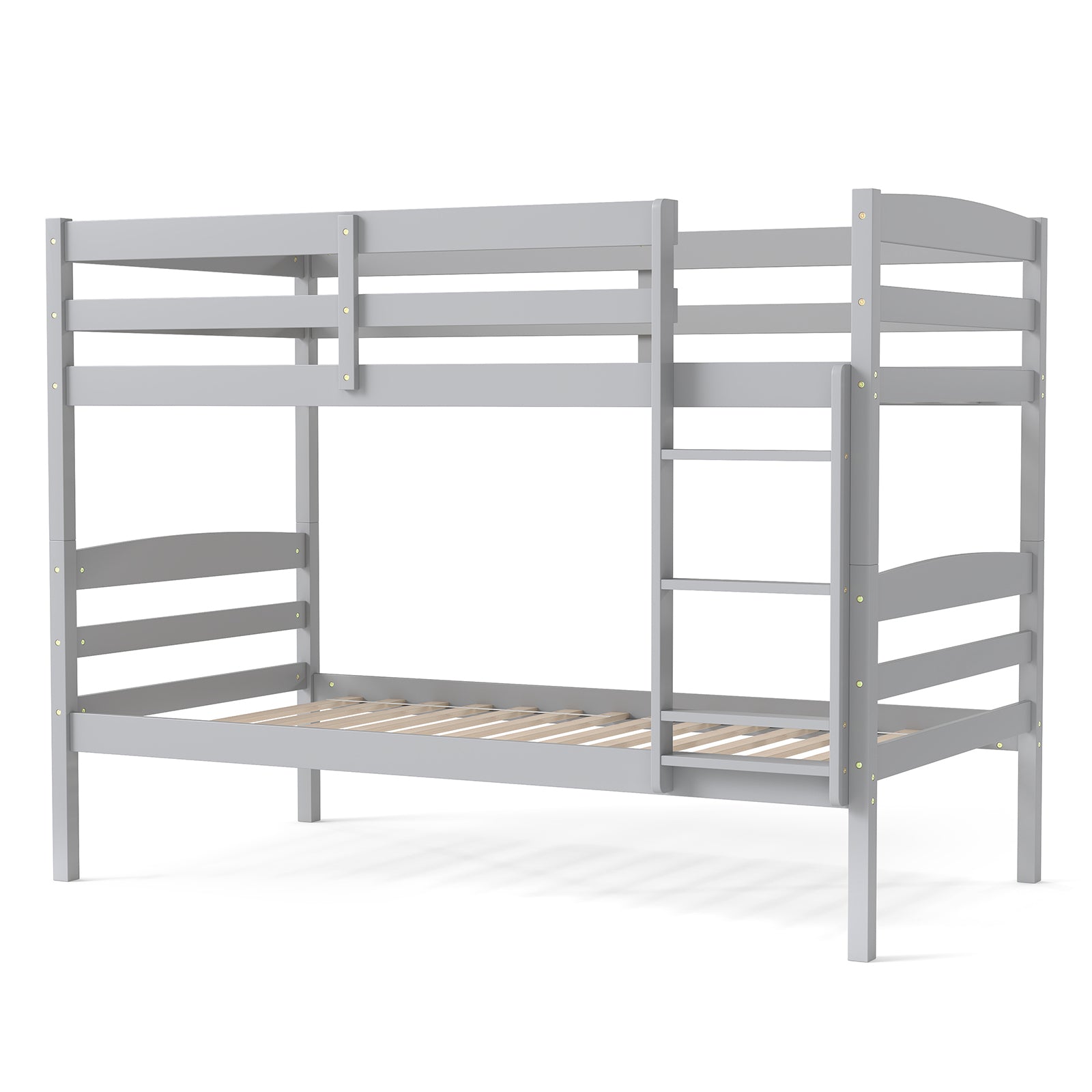 Solid Wood Twin Over Twin Bunk Bed Frame with High Guardrails and Integrated Ladder-Gray - Gray