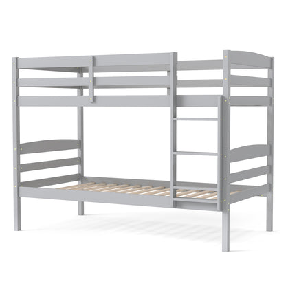 Solid Wood Twin Over Twin Bunk Bed Frame with High Guardrails and Integrated Ladder-Gray - Gray