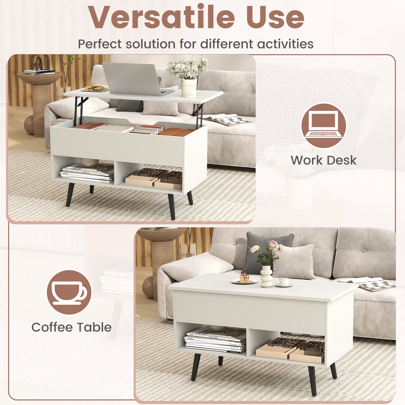 31.5 Inch Lift-Top Coffee Table with Hidden Storage and 2 Open Shelves-White