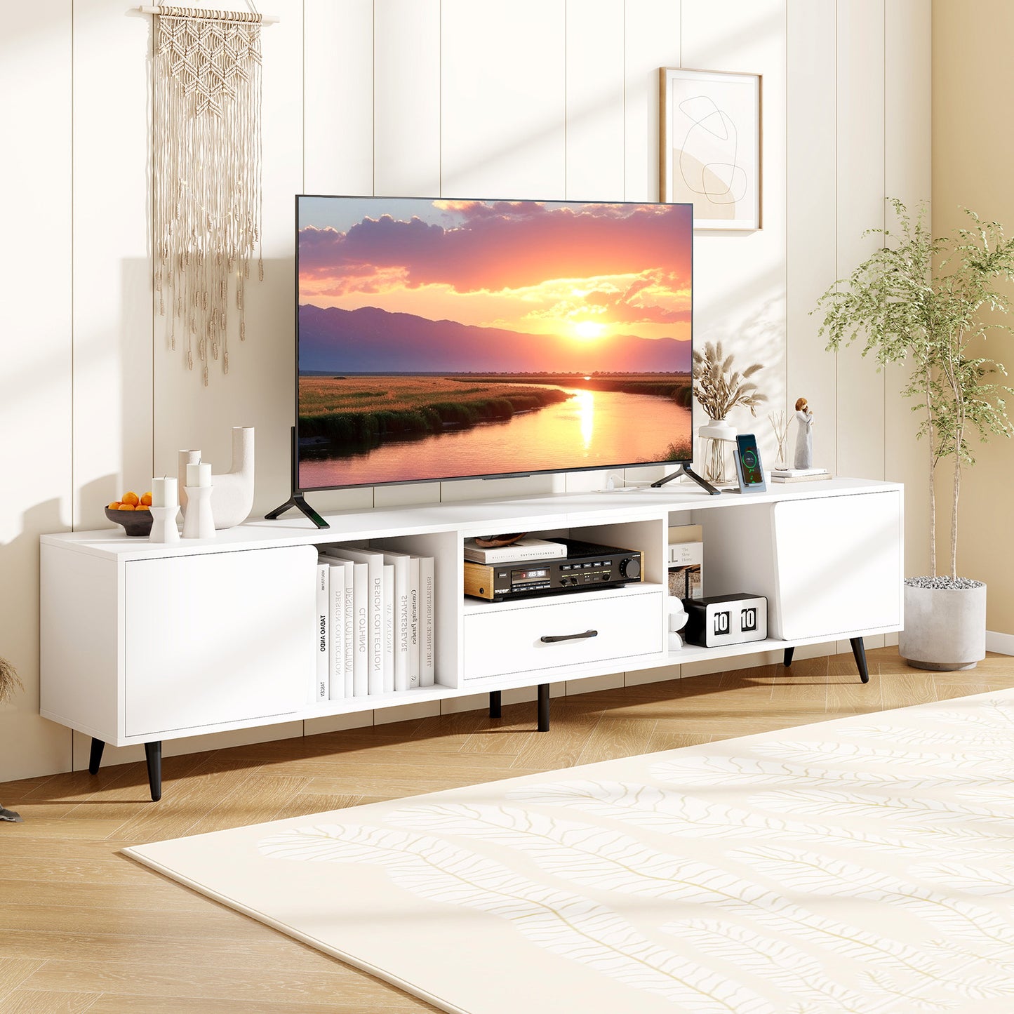 79" TV Stand for TVs up to 90 Inches Entertainment Center Wood Media Console Table Modern Mid Century TV Cabinet-White