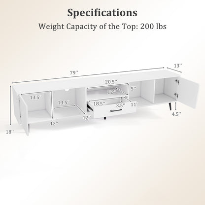 79" TV Stand for TVs up to 90 Inches Entertainment Center Wood Media Console Table Modern Mid Century TV Cabinet-White