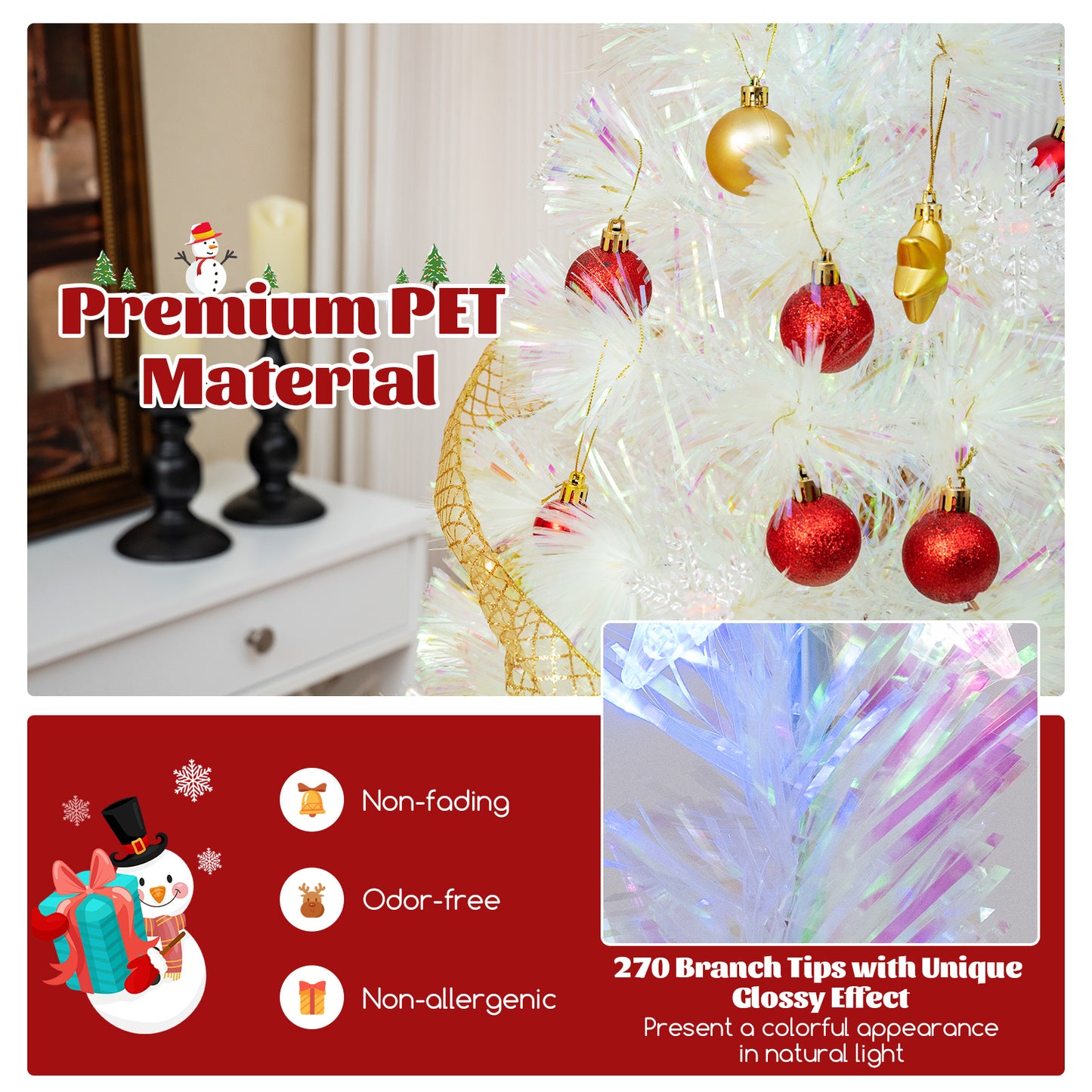 5/6/7 Feet Pre-Lit White Artificial Christmas Tree with Iridescent Leaves-7 ft