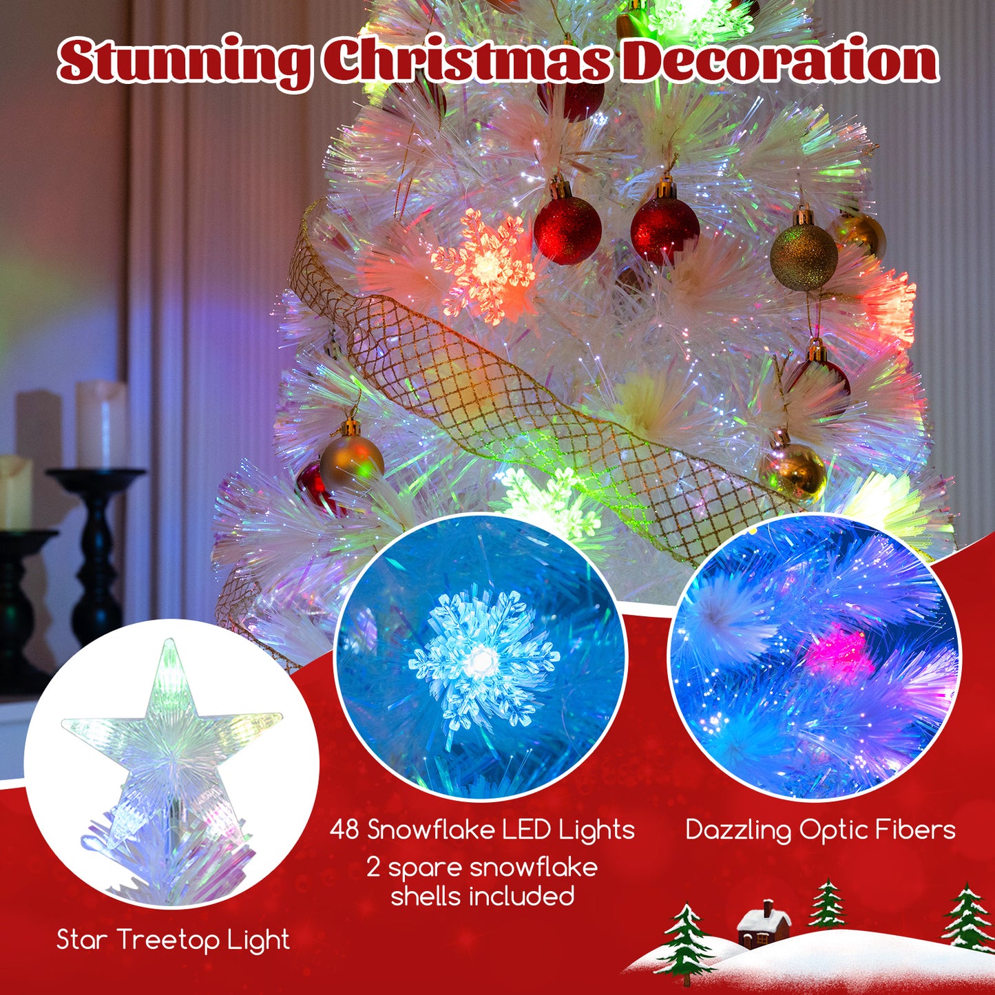 5/6/7 Feet Pre-Lit White Artificial Christmas Tree with Iridescent Leaves-7 ft