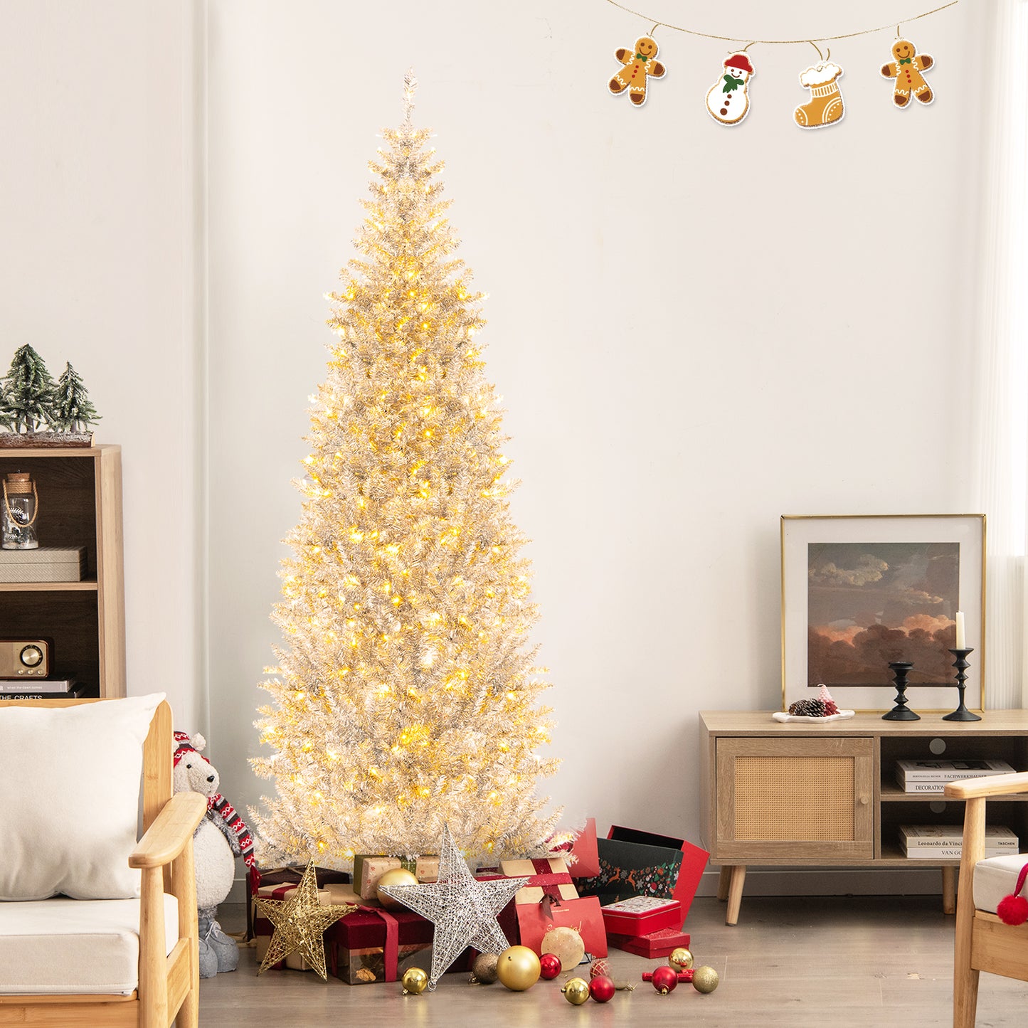6/7 FT Pre-Lit Artificial Silver Tinsel Xmas Tree with 790 Branch Tips and 300 LED Lights-7 ft