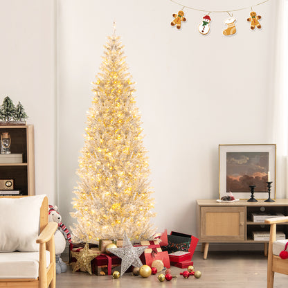 6/7 FT Pre-Lit Artificial Silver Tinsel Xmas Tree with 790 Branch Tips and 300 LED Lights-7 ft