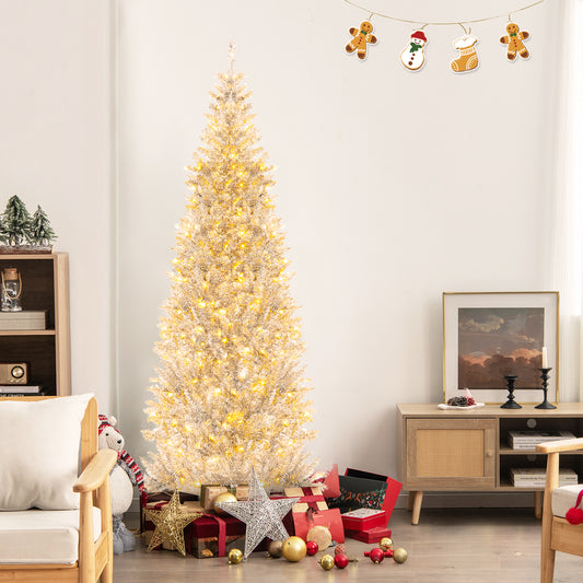 6/7 FT Pre-Lit Artificial Silver Tinsel Xmas Tree with 790 Branch Tips and 300 LED Lights-7 ft