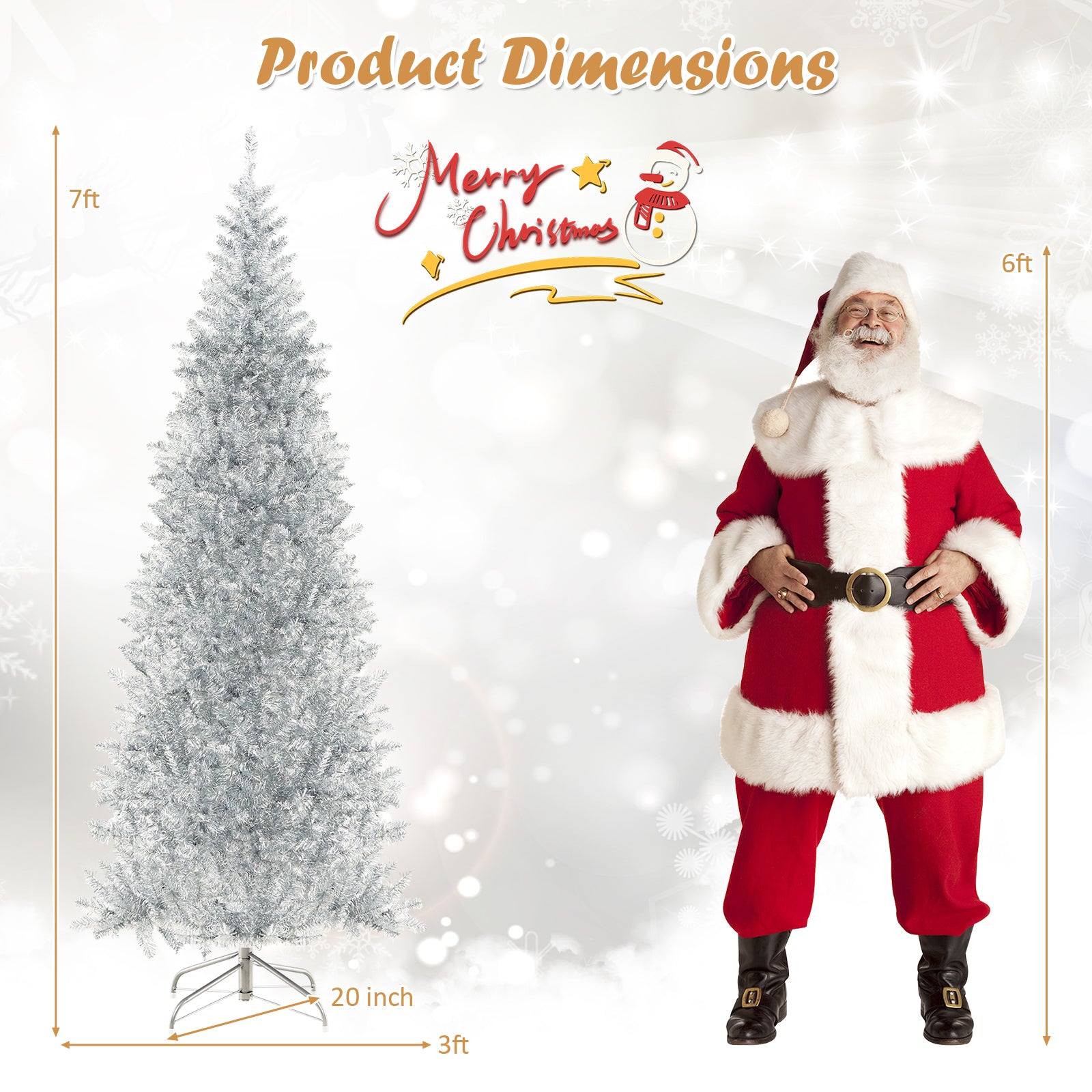 6/7 FT Pre-Lit Artificial Silver Tinsel Xmas Tree with 790 Branch Tips and 300 LED Lights-7 ft