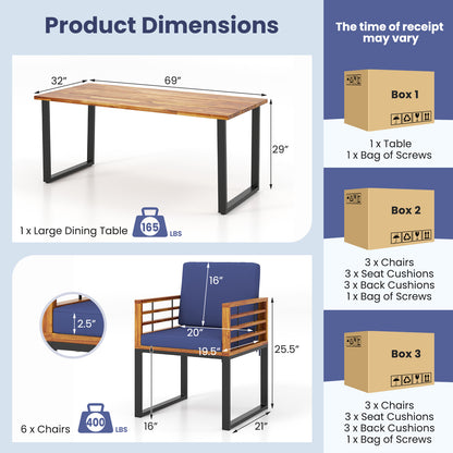7 Pieces Patio Acacia Wood Dining Chair and Table Set for Backyard and Poolside-Navy