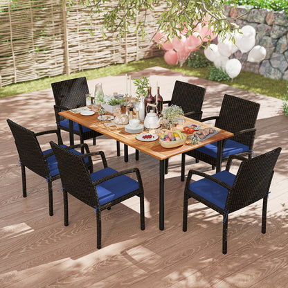 7 Pieces Outdoor Dining Set Acacia Wood Table with Umbrella Hole and Cushions-Navy