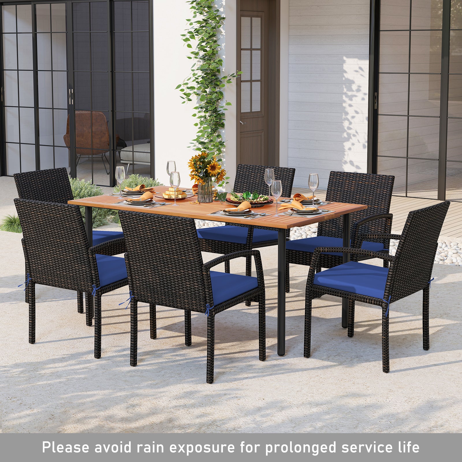 7 Pieces Outdoor Dining Set Acacia Wood Table with Umbrella Hole and Cushions-Navy