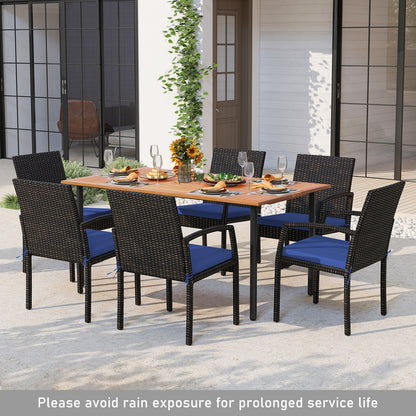 7 Pieces Outdoor Dining Set Acacia Wood Table with Umbrella Hole and Cushions-Navy