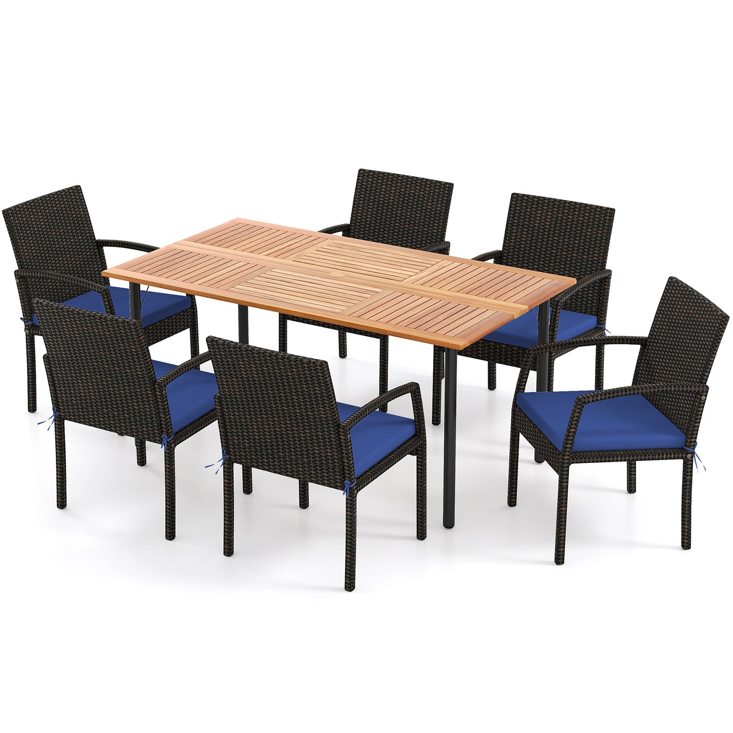 7 Pieces Outdoor Dining Set Acacia Wood Table with Umbrella Hole and Cushions-Navy