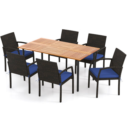 7 Pieces Outdoor Dining Set Acacia Wood Table with Umbrella Hole and Cushions-Navy