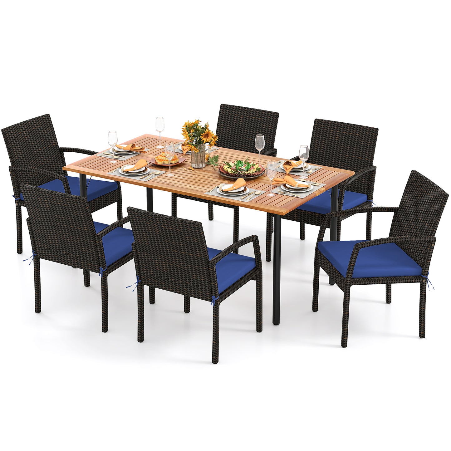 7 Pieces Outdoor Dining Set Acacia Wood Table with Umbrella Hole and Cushions-Navy