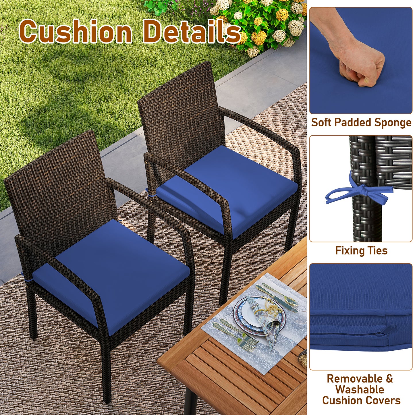 7 Pieces Outdoor Dining Set Acacia Wood Table with Umbrella Hole and Cushions-Navy