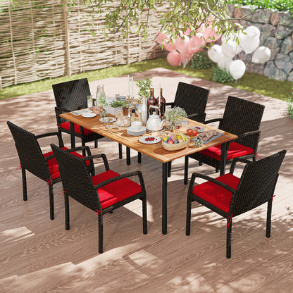 7 Pieces Outdoor Dining Set Acacia Wood Table with Umbrella Hole and Cushions-Red