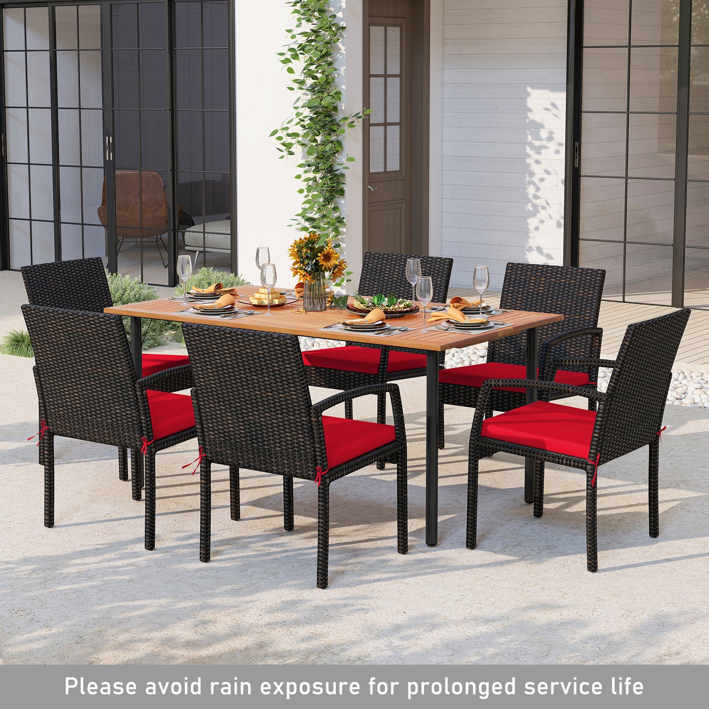 7 Pieces Outdoor Dining Set Acacia Wood Table with Umbrella Hole and Cushions-Red