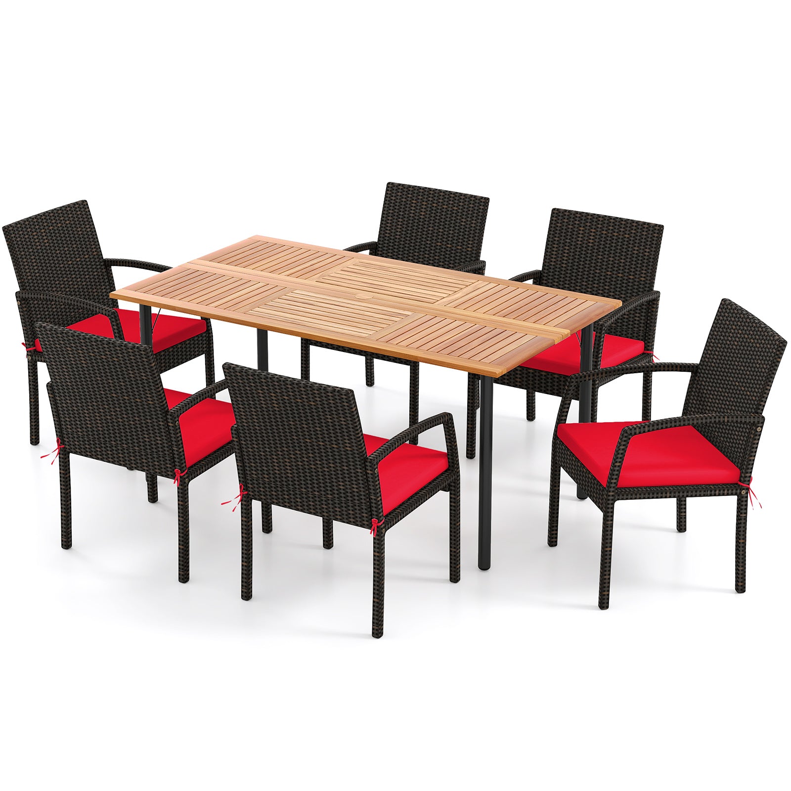 7 Pieces Outdoor Dining Set Acacia Wood Table with Umbrella Hole and Cushions-Red