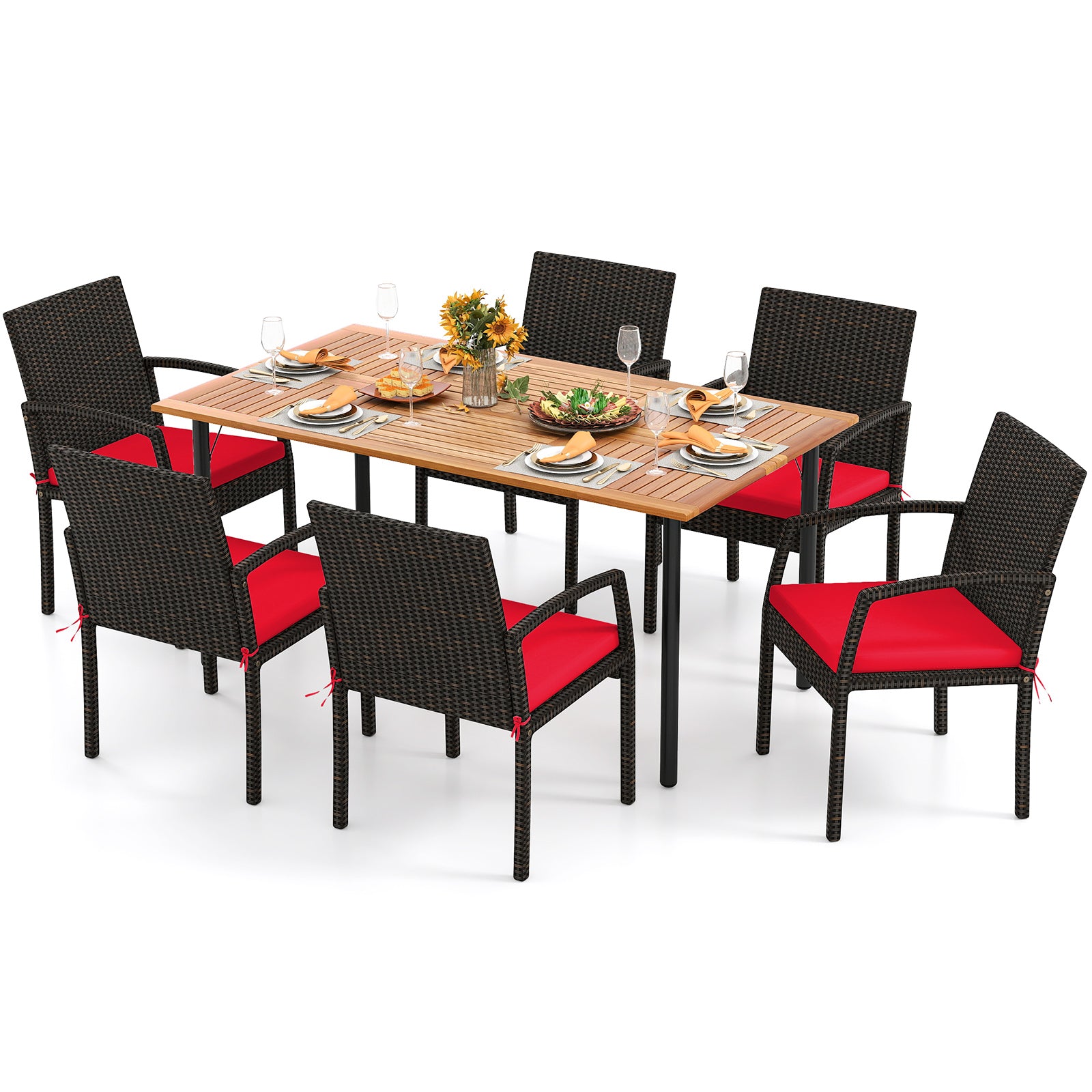 7 Pieces Outdoor Dining Set Acacia Wood Table with Umbrella Hole and Cushions-Red