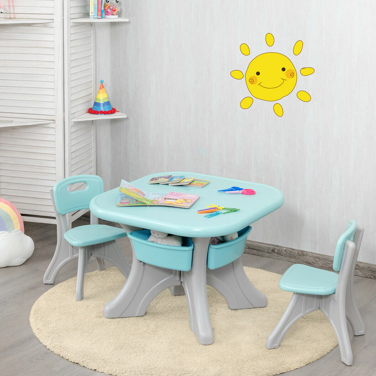 In/Outdoor 3-Piece Plastic Children Play Table & Chair Set - Blue
