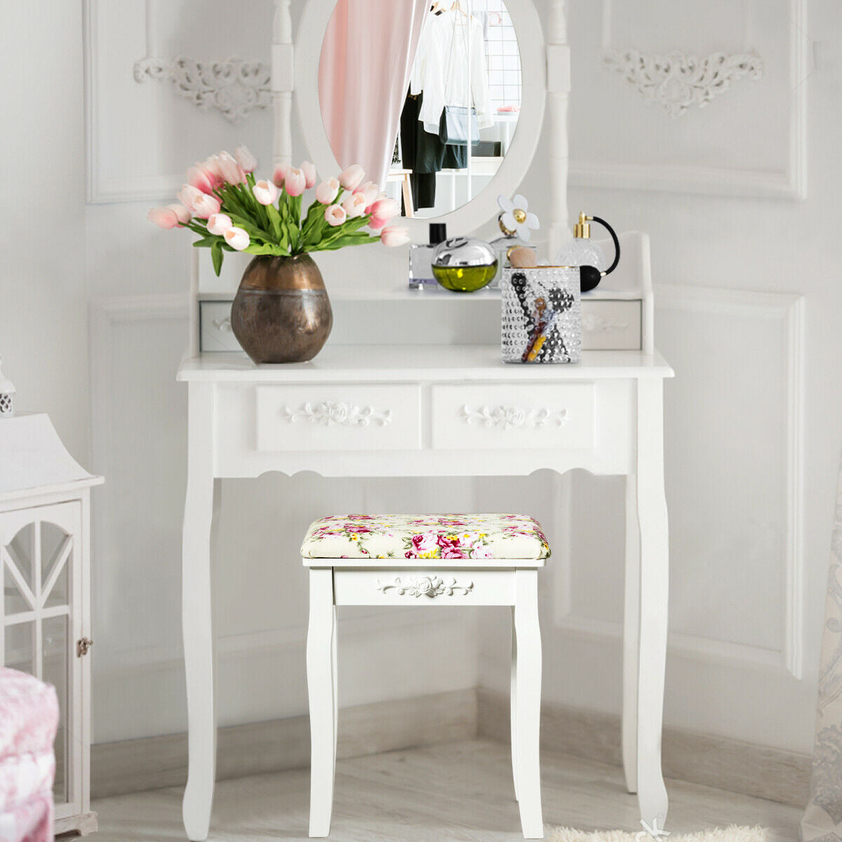 Vanity Wood Dressing Stool Padded Piano Seat with Rose Cushion-White