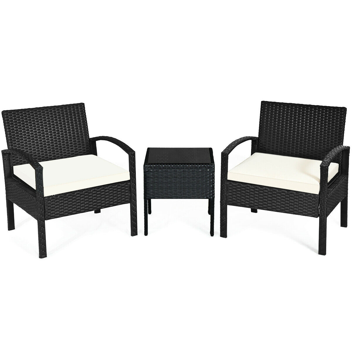 3 Pieces Outdoor Rattan Patio Conversation Set with Seat Cushions-White - White